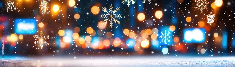 A vibrant winter scene with colorful bokeh lights and falling snowflakes, creating a magical and festive atmosphere. A vibrant winter scene with colorful bokeh lights and falling snowflakes, creating a magical and festive atmosphere.