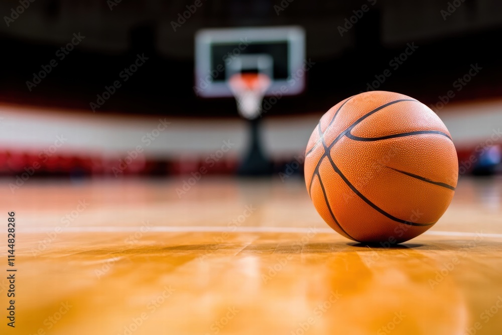 A basketball is positioned on the floor of an indoor court, providing a dynamic perspective of the hoop and inviting viewers into the lively world of sports. A basketball is positioned on the floor of an indoor court, providing a dynamic perspective of the hoop and inviting viewers into the lively world of sports.