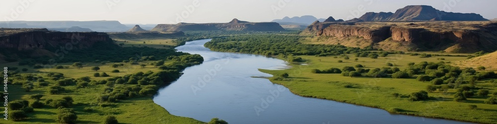 A river flows through a lush green valley. The water is calm and clear, and the surrounding landscape is full of trees and hills. The scene is peaceful and serene