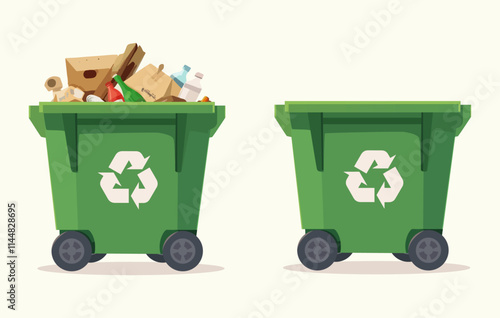 Full and empty recycling bins, ideal for waste management and environmental themes