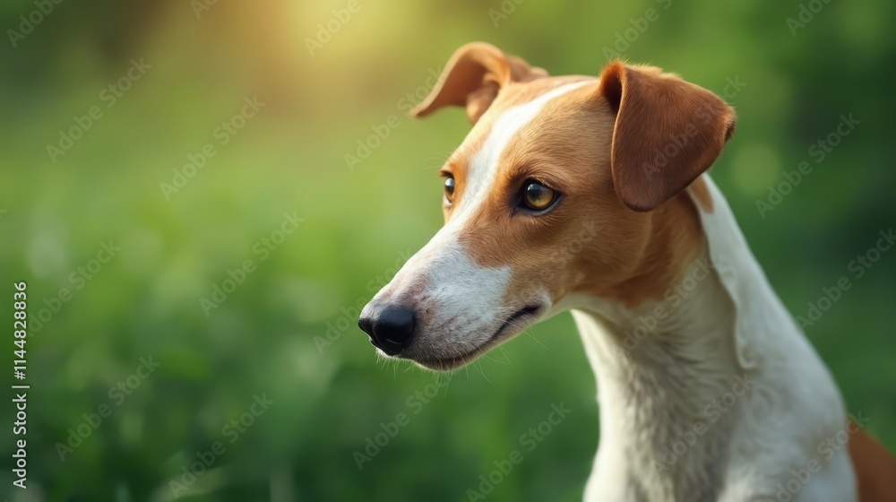 A brown and white dog sitting in the grass A brown and white dog sitting in the grass
