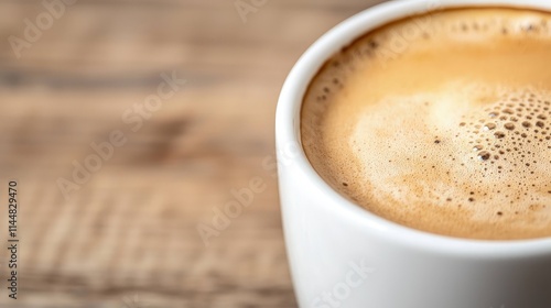 Close-up of a white cup of fresh espresso coffee with frothy crema on a rustic wooden table.