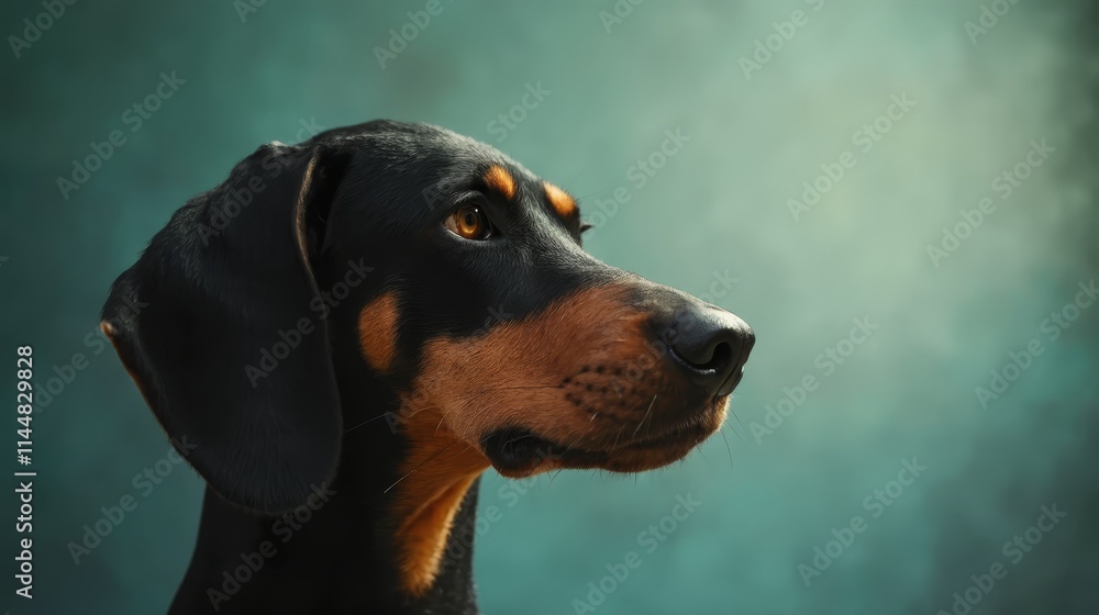 A black and brown dog looking up at the sky A black and brown dog looking up at the sky