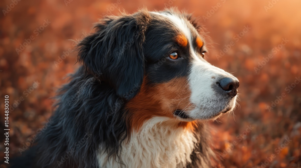 A close up of a dog sitting in a field of leaves A close up of a dog sitting in a field of leaves