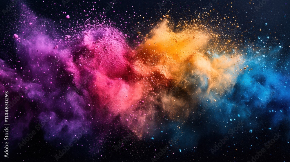 Naklejka premium Multicolored rainbow powder paint explosion background, Holi on dark background, abstract background