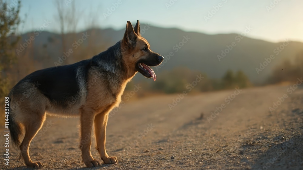 A dog standing on a dirt road with its tongue out A dog standing on a dirt road with its tongue out