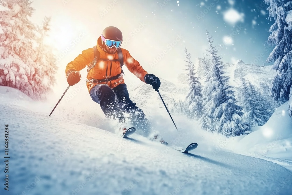 Skilled skier in vibrant orange jacket and safety gear racing down snow-covered mountain in snowstorm, creating flurry of snow and embracing winter athletics Skilled skier in vibrant orange jacket and safety gear racing down snow-covered mountain in snowstorm, creating flurry of snow and embracing winter athletics