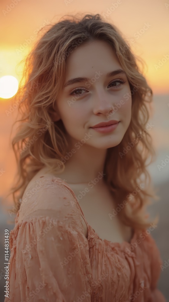 A woman in a pink dress standing on a beach at sunset A woman in a pink dress standing on a beach at sunset