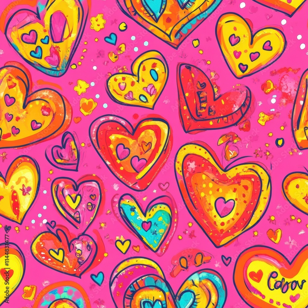 Fototapeta premium Seamles pattern with cute doodle hearts on pink background. Vector illustration for wrapping paper, decor, cards, backgrounds on Valentine's Day. Print design textile for kids fashion