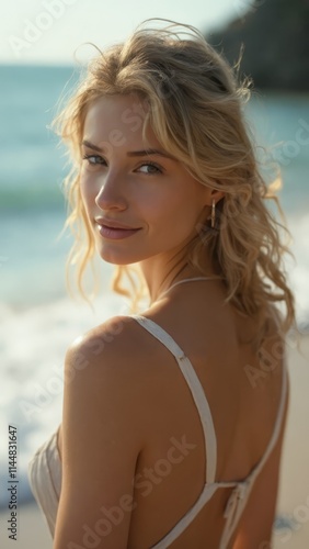 A woman in a white bikini standing on a beach