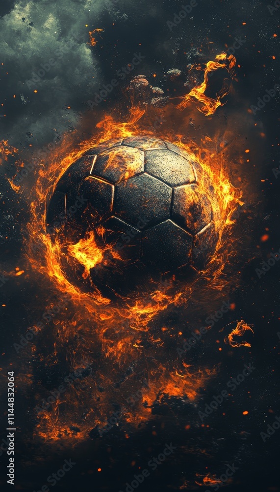 Fiery Soccer Ball A Dynamic Display of Energy, Passion, and Motion on Black Background. Fiery Soccer Ball A Dynamic Display of Energy, Passion, and Motion on Black Background.