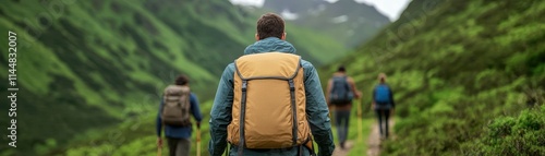 Group of hikers exploring a lush green trail in a scenic mountainous landscape.