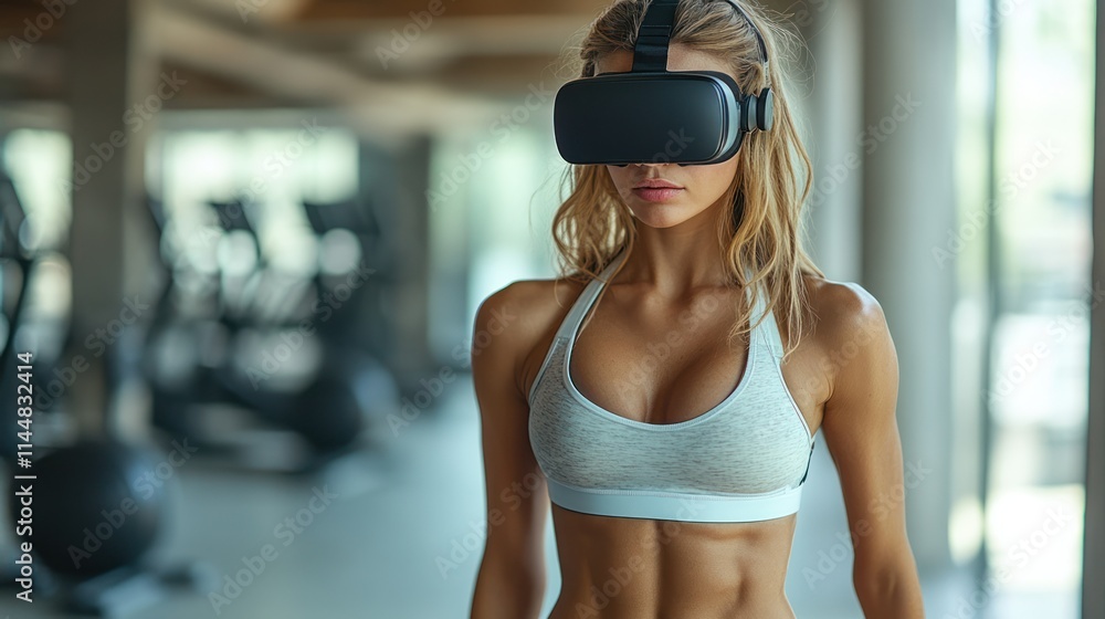 Fototapeta premium Woman wearing VR headset in a gym setting, focused on experience.