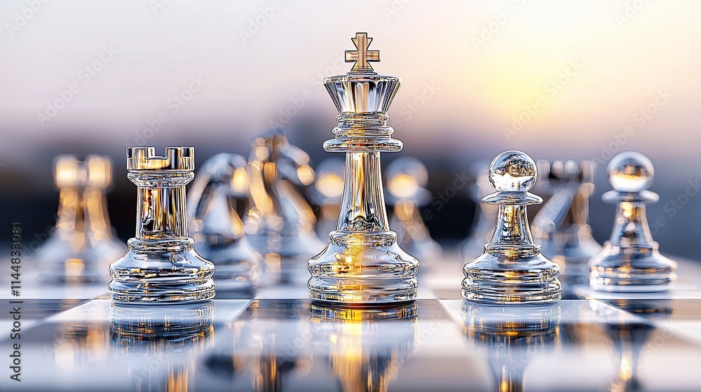 Clear chess pieces on board, sunset background. Clear chess pieces on board, sunset background.