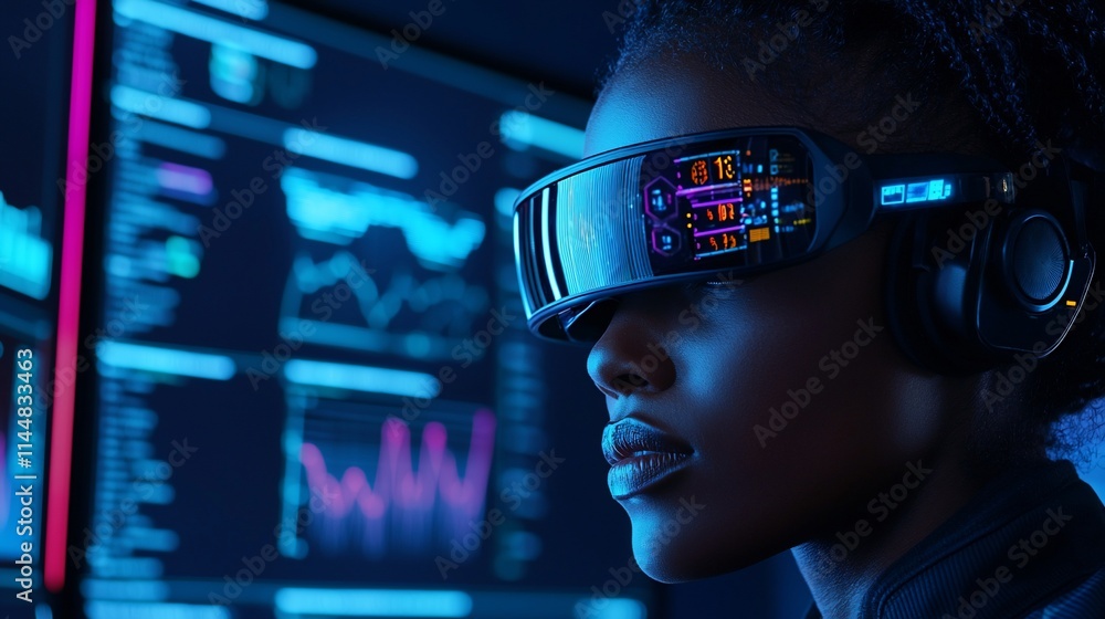 Woman wearing futuristic glasses analyzing data on multiple screens. Woman wearing futuristic glasses analyzing data on multiple screens.