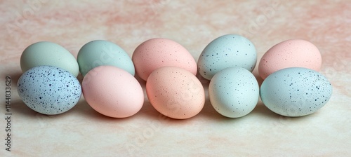 Enchanting minimalist still life featuring pastel colored speckled eggs on textured surface