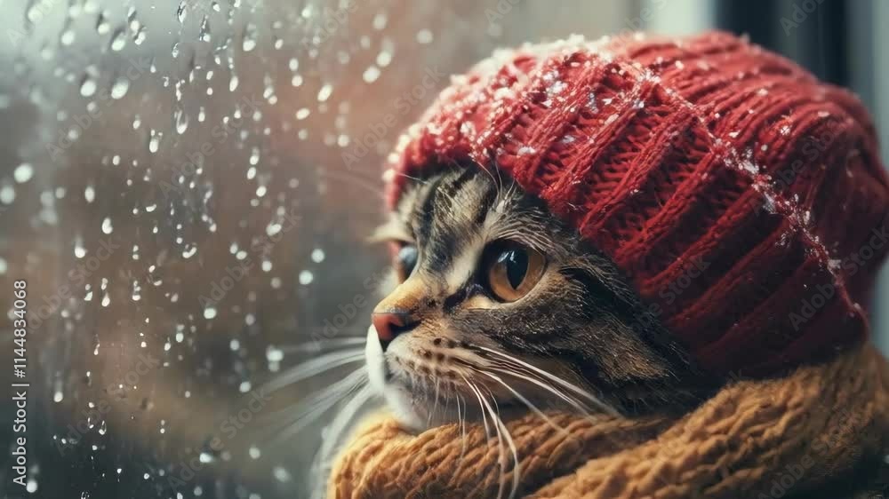 A cozy cat wearing a red hat and scarf watches the snowfall from a window. Perfect for winter, holiday, and pet projects.. AI Generation A cozy cat wearing a red hat and scarf watches the snowfall from a window. Perfect for winter, holiday, and pet projects.. AI Generation