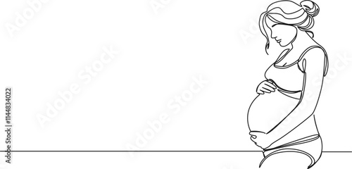 continuous line drawing of pregnant woman with holding her belly, line art vector illustration