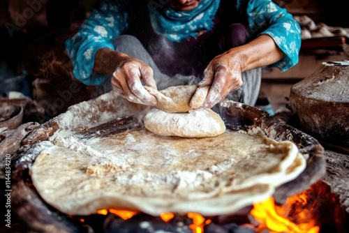 A person skillfully works with bread dough over an open flame, illustrating traditional cooking methods and the cultural significance of artisanal bread making. photo