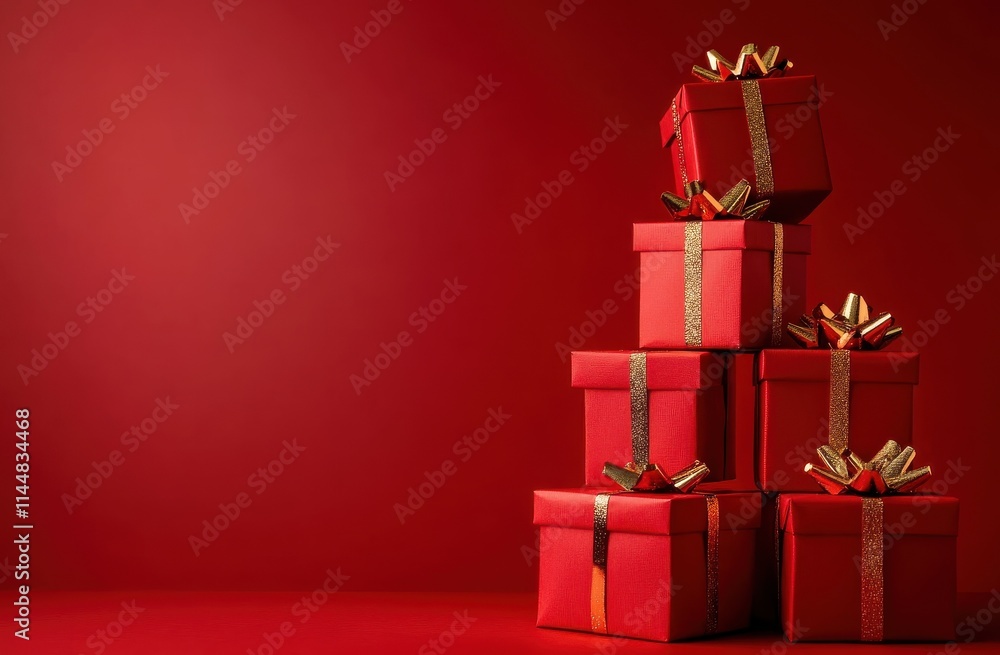 Fototapeta premium Red gift boxes on a red background, a New Year concept.