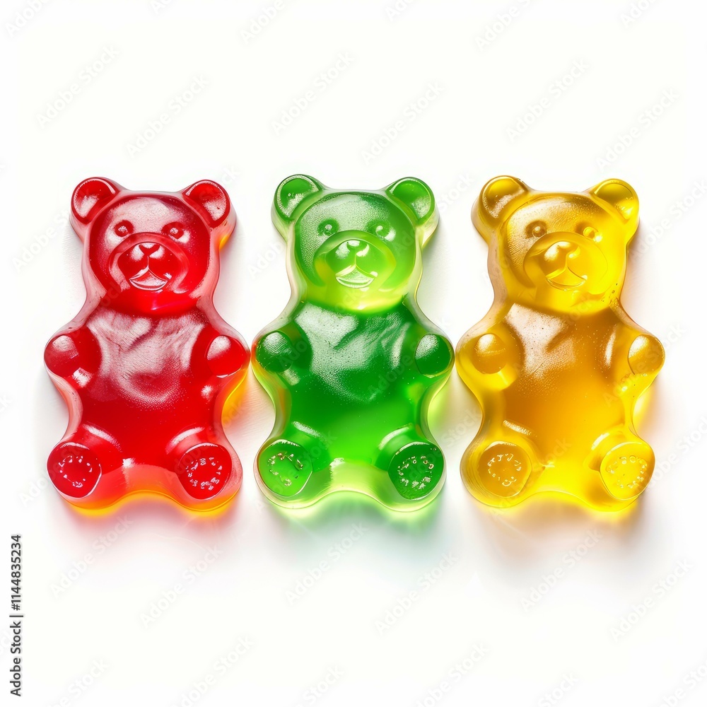 Three colorful gummy bears sitting on a white background representing childhood memories and sweet treats Three colorful gummy bears sitting on a white background representing childhood memories and sweet treats