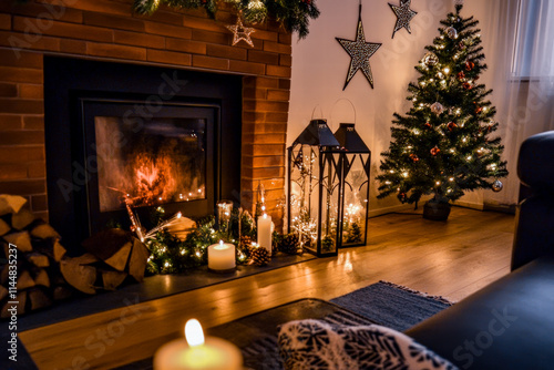 A warmly lit living room featuring a Christmas tree, glowing candles, soft dåecor, and a fireplace. photo