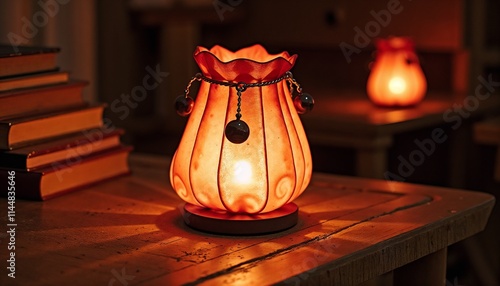 Warm decorative lamp with unique design on wooden table, creating a cozy romantic ambiance photo