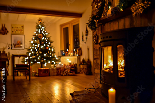 A warmly lit living room featuring a Christmas tree, glowing candles, soft dåecor, and a fireplace. photo