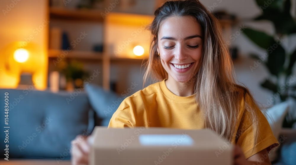 A joyful woman sits on a couch in her warmly lit living room, eagerly opening a cardboard box with a delighted expression, suggesting a pleasant surprise. A joyful woman sits on a couch in her warmly lit living room, eagerly opening a cardboard box with a delighted expression, suggesting a pleasant surprise.