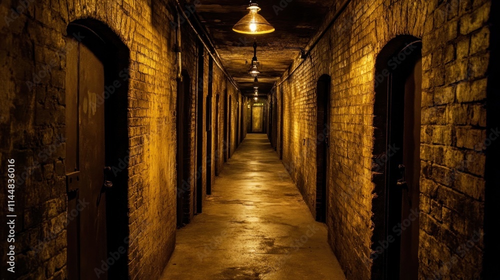 Fototapeta premium Lit corridor with brick walls and doors.