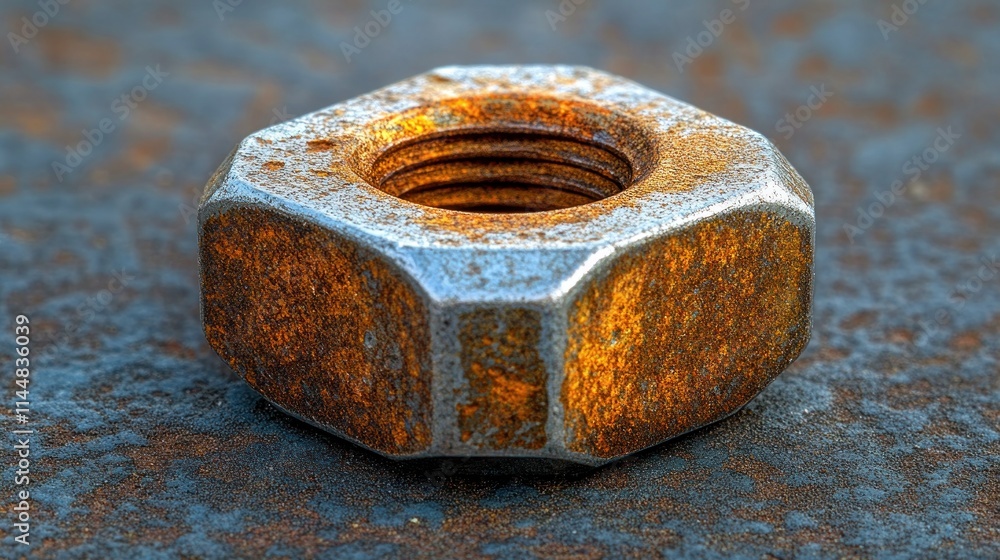 Rusty hexagon nut on metal surface. Rusty hexagon nut on metal surface.