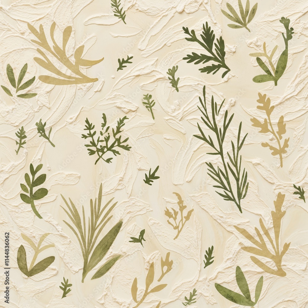 Green Botanical Leaf Pattern on Textured Cream Background Green Botanical Leaf Pattern on Textured Cream Background
