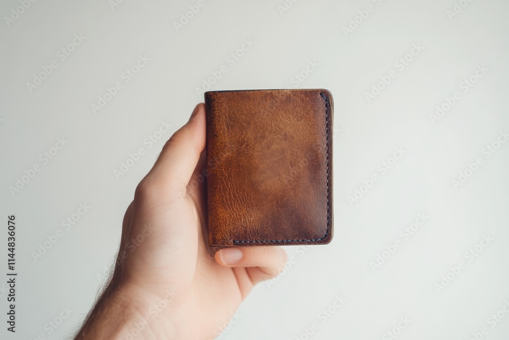 Hand holds brown leather wallet.