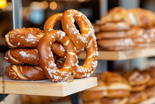 Stack of freshly baked pretzels with shining golden crust and sprinkled salt presented on a stand, symbolizing the art of traditional baking and food love. photo