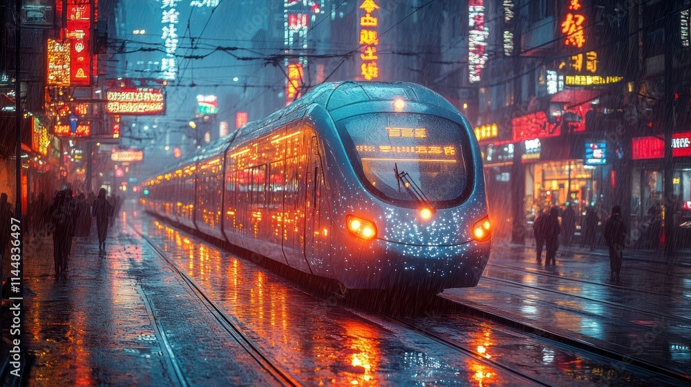 Fototapeta premium A futuristic train in a vibrant, rainy urban setting.