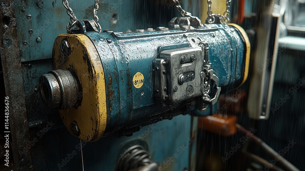 Rusty industrial control box hanging from chains in a rainy factory environment. Rusty industrial control box hanging from chains in a rainy factory environment.