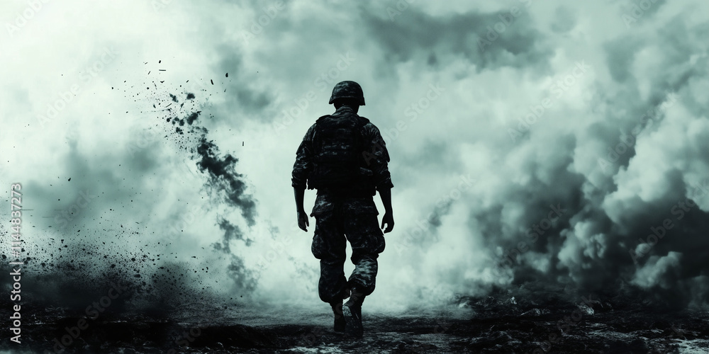 Obraz premium Silhouette of Soldier Walking Through Smoky Battlefield