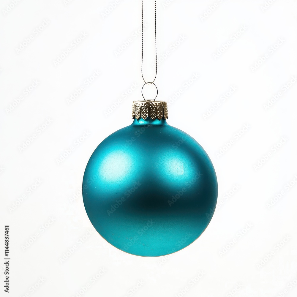 Turquoise Christmas ornament hangs on a thread, against an isolated white background Turquoise Christmas ornament hangs on a thread, against an isolated white background