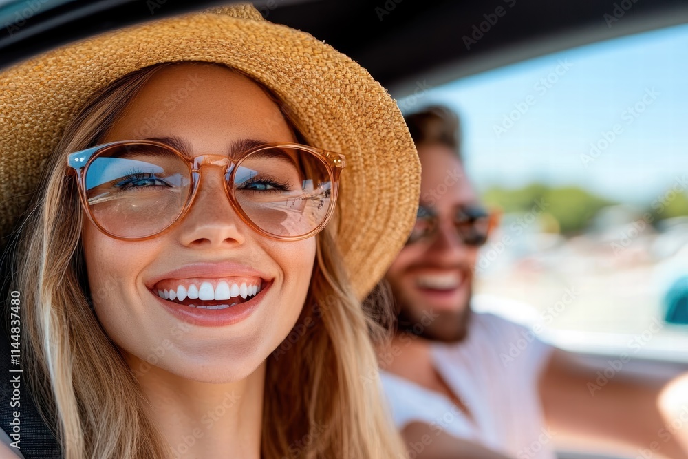 A couple enjoying a sunny day, smiling in a car with the woman in the foreground wearing a hat and sunglasses reflecting the outdoors, exuding happiness. A couple enjoying a sunny day, smiling in a car with the woman in the foreground wearing a hat and sunglasses reflecting the outdoors, exuding happiness.