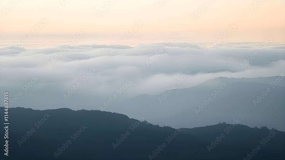 Serene Mountain Landscape with Ethereal Clouds and Tranquil Sky Serene Mountain Landscape with Ethereal Clouds and Tranquil Sky