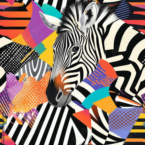 A seamless pattern of vibrant, abstract illustration featuring a zebra surrounded by colorful geometric shapes and patterns. photo