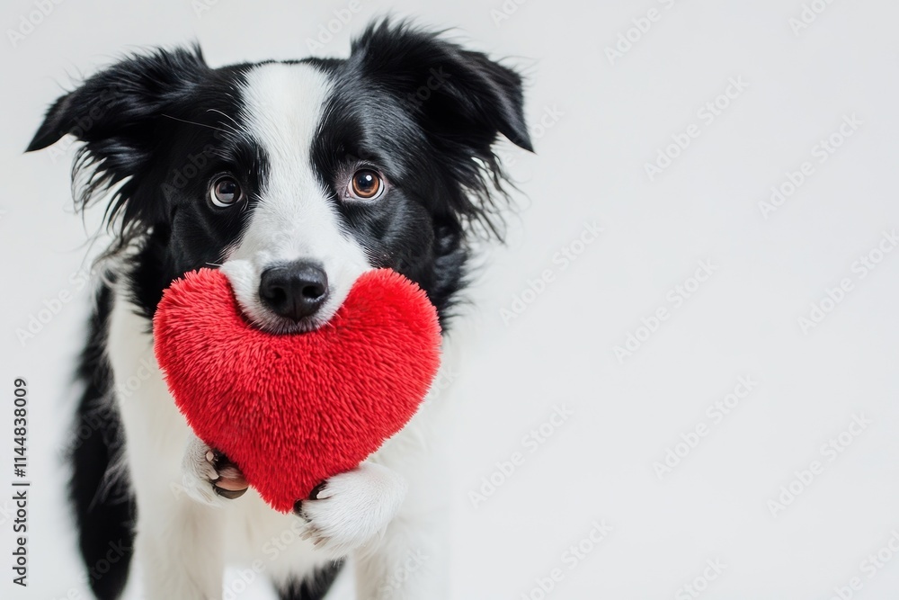 Fototapeta premium Border collie holds a red heart toy.