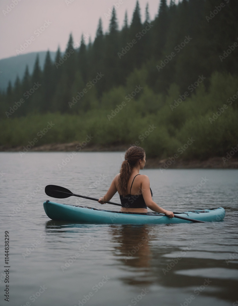 Woman kayaking on calm waters surrounded by lush greenery and mountains during twilight