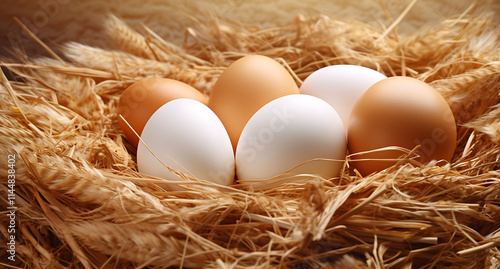Chicken eggs lying in a straw nest, a calm and natural scene of life and nurturing.