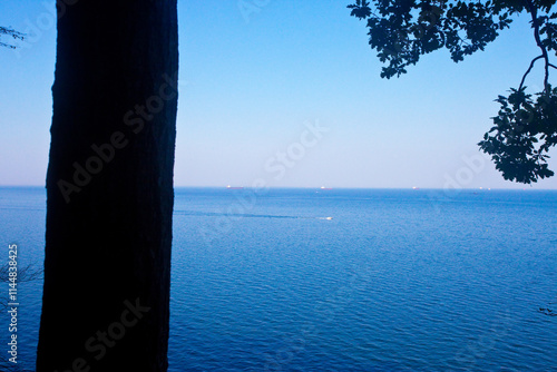 Osuwająca się skarpa, klif w Gdyni, widok na morze i pływające statki, Gdynia, Polska. Cliff in Gdynia, Poland	 photo