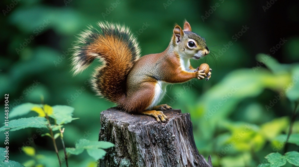 Squirrel on stump holding nut, blurred green forest background. Squirrel on stump holding nut, blurred green forest background.