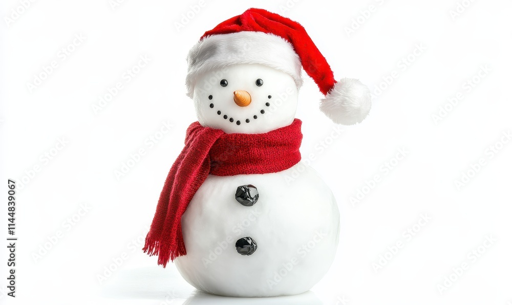 A snowman adorned with a crimson scarf and Santa cap stands isolated on a pristine white backdrop. A snowman adorned with a crimson scarf and Santa cap stands isolated on a pristine white backdrop.