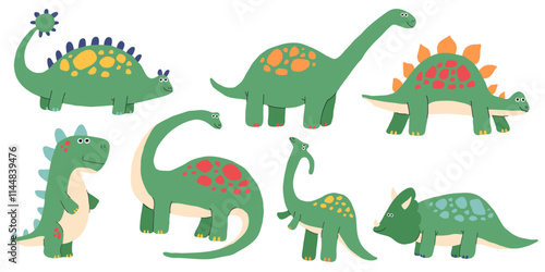 Dinosaur cute vector set. Dino prehistoric animals like pterosaur and stegosaurus, brachiosaurus and pterosaur. Flat isolated illustration.