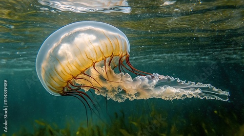 jellyfish floating gently through water with soft lighting background blurred giving jellyfish glowing effect while photo