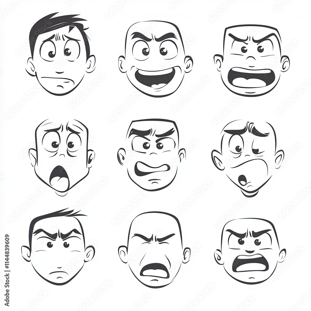 Minimalist illustration of a human face displaying various expressions on a white backdrop. Minimalist illustration of a human face displaying various expressions on a white backdrop.